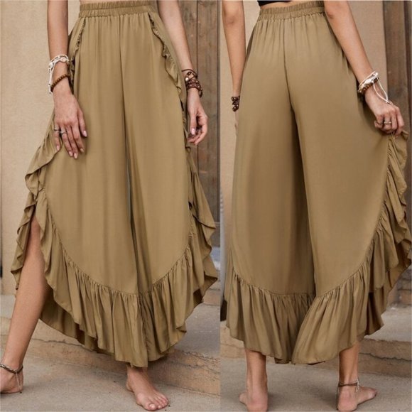 Pants - Ruffle Hem Wide Leg Pants tan